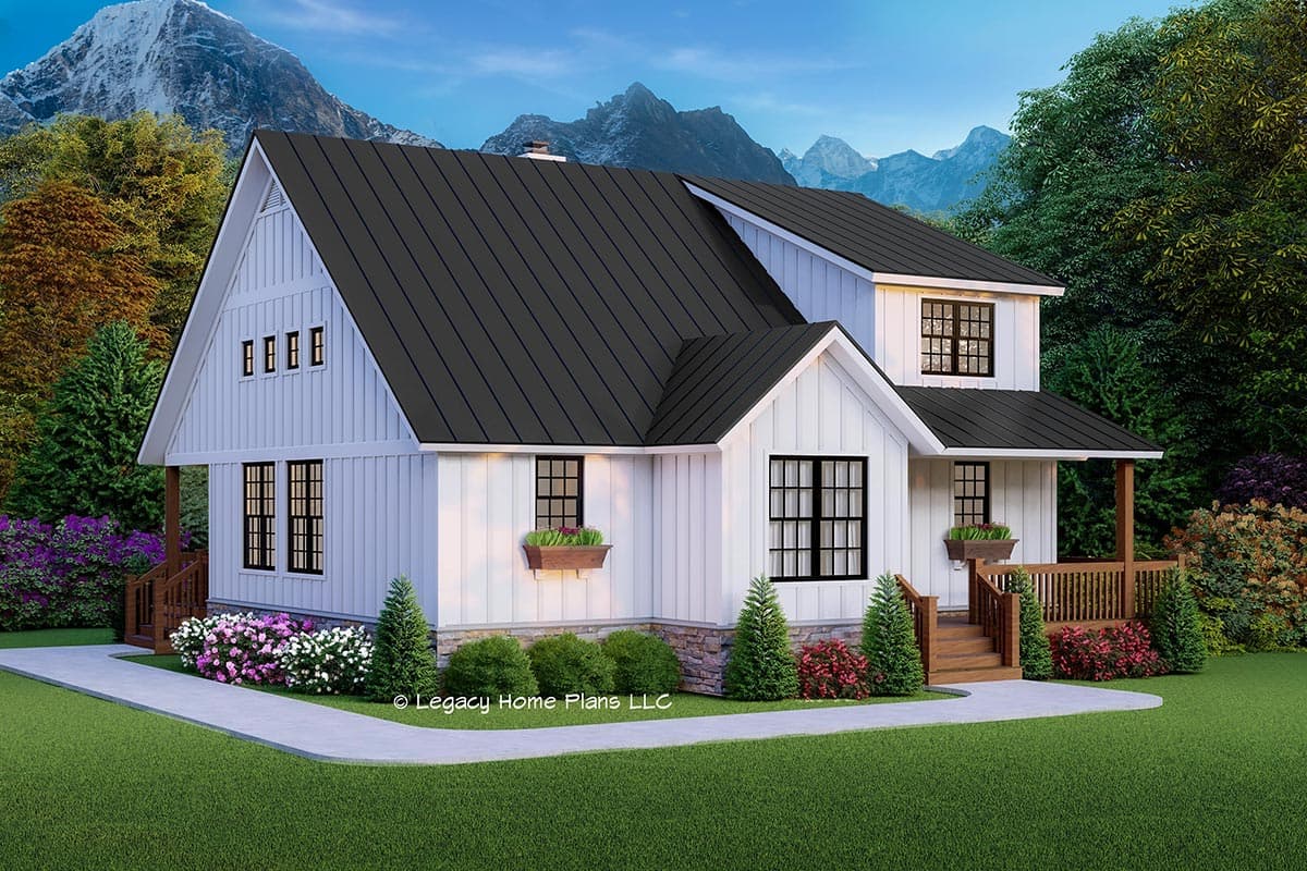 House plan exterior of a two-story Modern Farmhouse with a gabled roof, board-and-batten siding, stone foundation, and covered front porch.