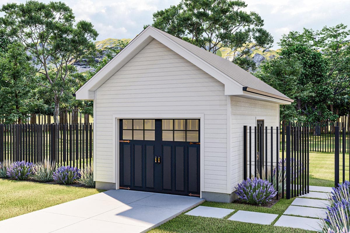 House plan exterior. One-story detached garage with gable roof. Features include a paneled garage door and white siding with black accents.