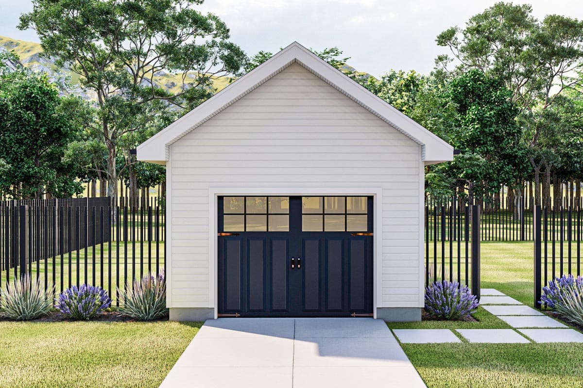 House plan exterior: A one-story garage with a gable roof, white horizontal siding, and a dark front-facing double garage door with windows.