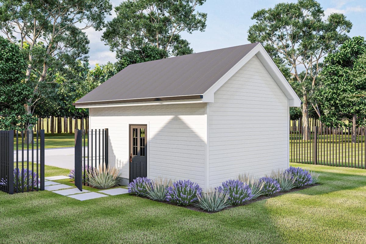 House plan exterior of a one-story building with white horizontal siding, a dark pitched metal roof, and a single door.
