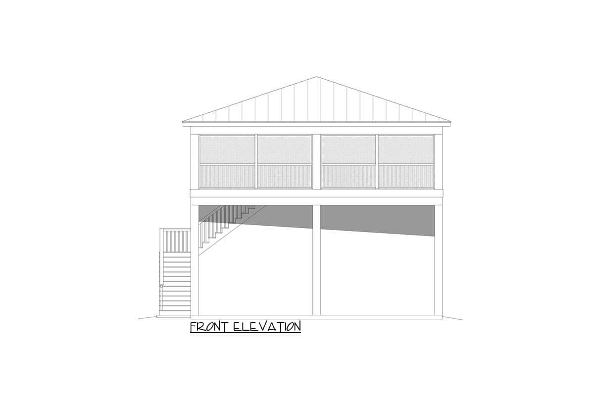 Front elevation drawing of a two-story house with a screened porch, stairs, and elevated foundation.