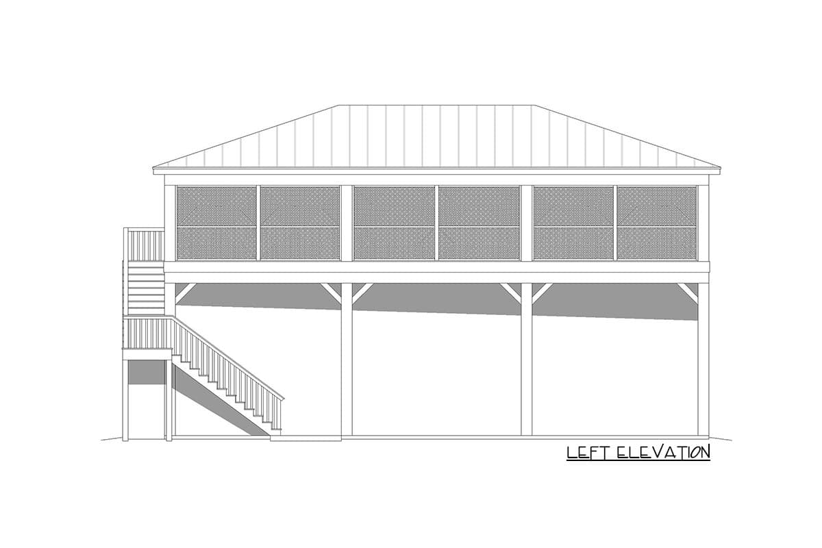 Left elevation drawing of a house plan on stilts with a screened porch and exterior stairs.