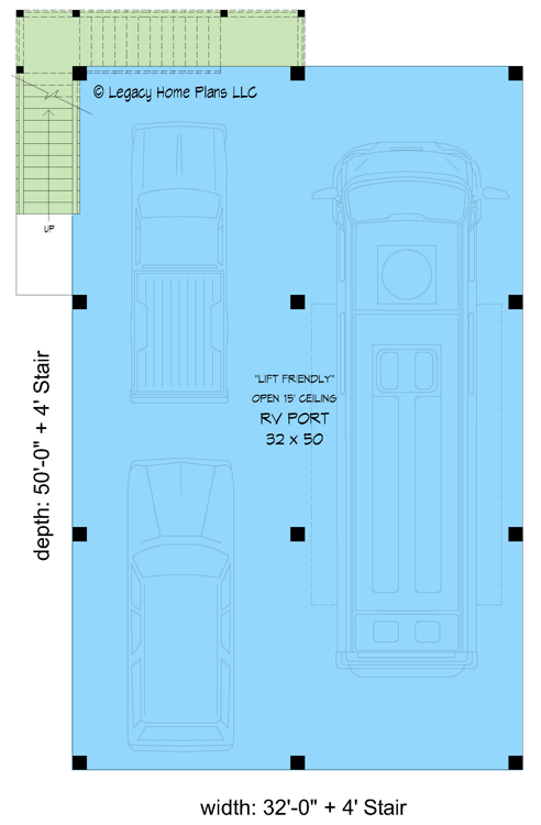 Plan 68998VR: RV Carport with Massive Screened Deck Above - Floor Plan - Main Level - Coastal