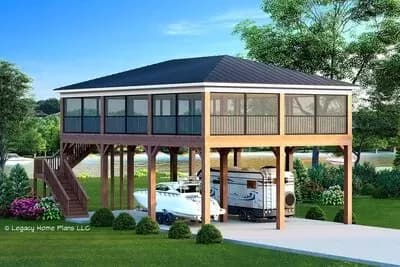 RV Carport with Massive Screened Deck Above