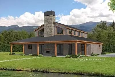 Rustic Mountain Home Plan with 14'-deep Front Porch and 2-sided Fireplace
