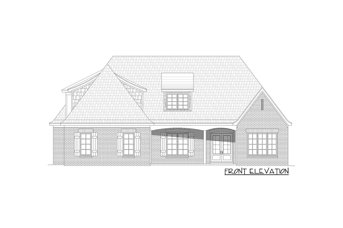 Front elevation drawing of a two-story house with brick facade, arched entryway, gabled dormer, and multi-pane windows.