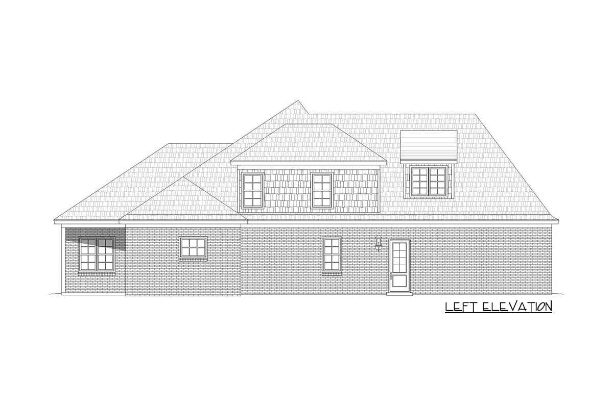 Left elevation house plan showing brick exterior, multi-story rooflines, dormers, and multiple windows.