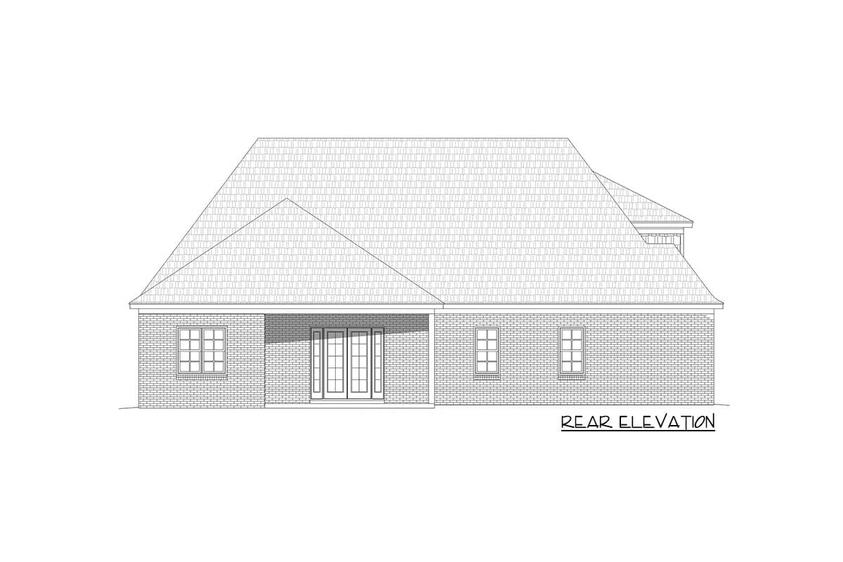 Rear elevation house plan drawing of a brick home with a covered porch and double doors.