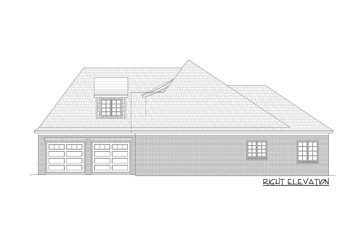 Right elevation drawing of a house plan showing a mansard roof, two garage doors, and brick exterior.