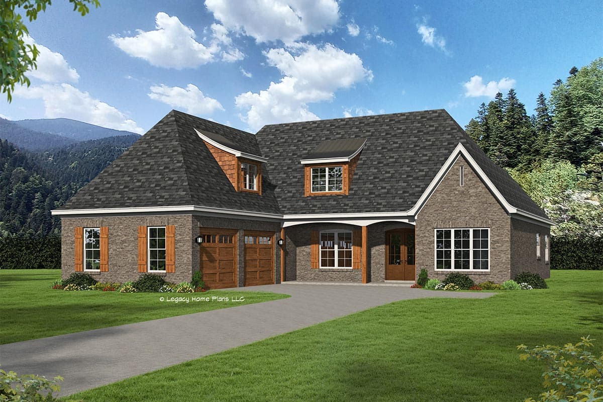 House plan exterior. Two-story brick home with a gable roof, dormers, and a covered front porch, and a two-car garage.