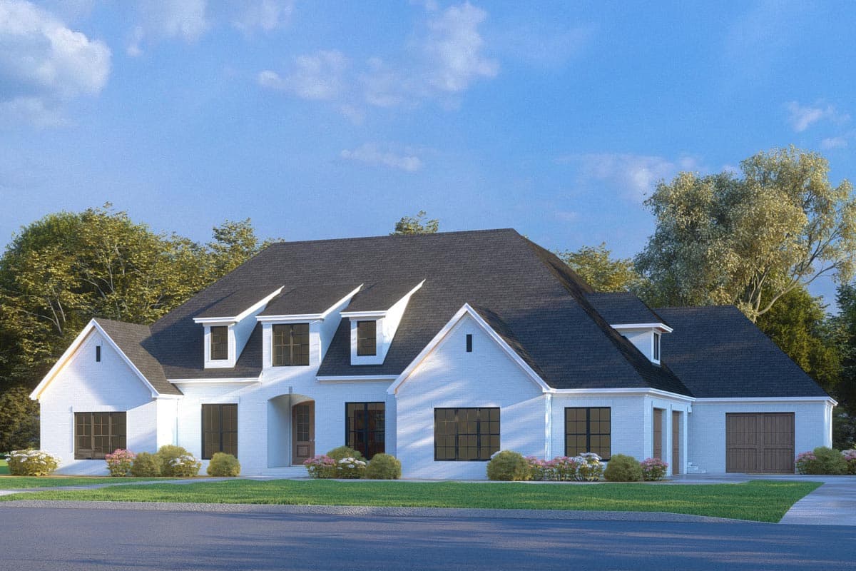 House plan exterior. Two-story home with a gabled roof, dormers, and attached garage. Includes a covered front entry and brick facade.