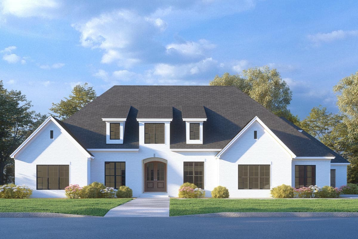 House plan exterior: White brick two-story home with a hipped roof, dormers, gabled wings, and arched entry.