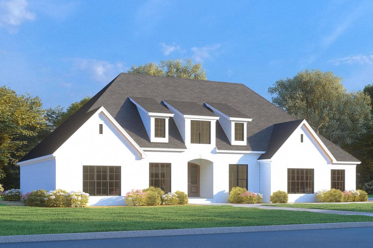 House plan exterior of a two-story Modern Farmhouse with white brick, a prominent gable, and three front-facing dormers.