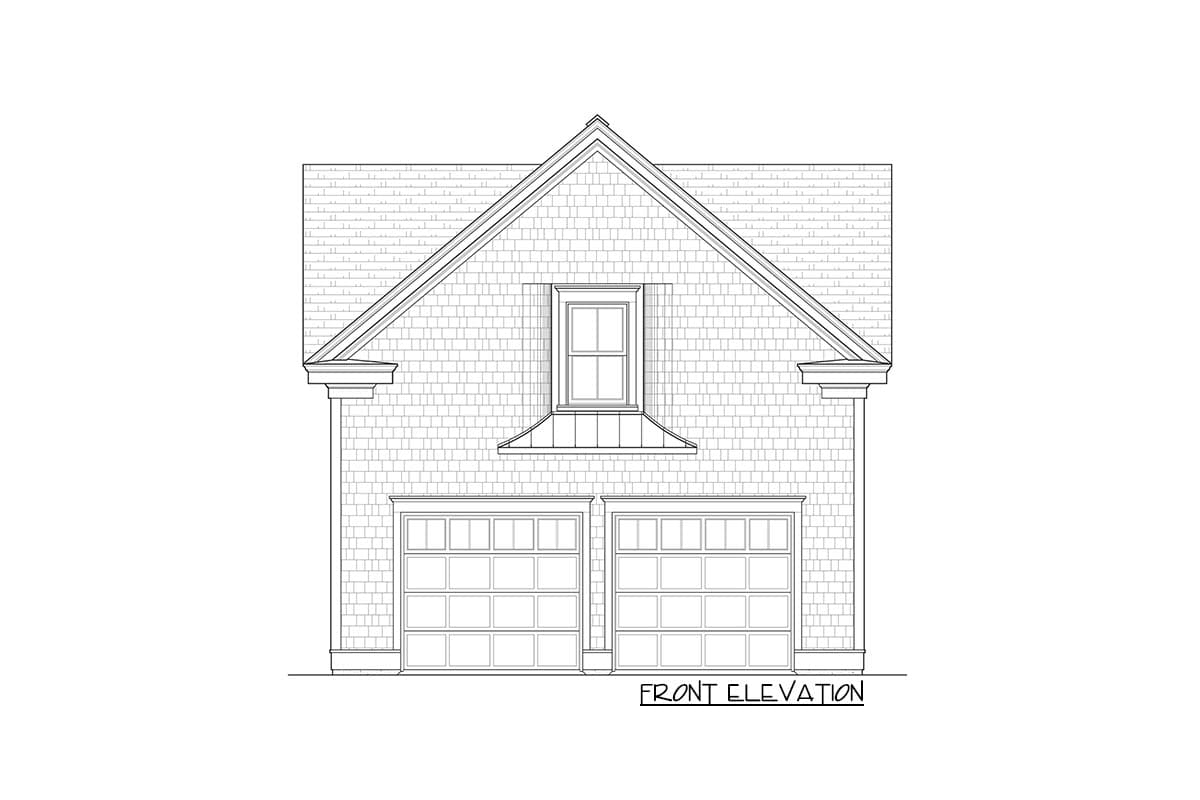 Front elevation drawing of a two-car garage with shingle siding, twin garage doors, and a central dormer with a pitched roof.