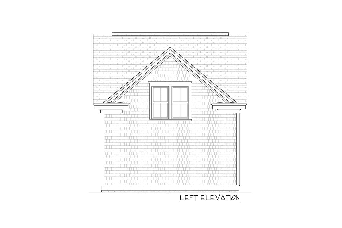 Left elevation house plan showing shingle siding, a gabled dormer with double window, and decorative eaves.