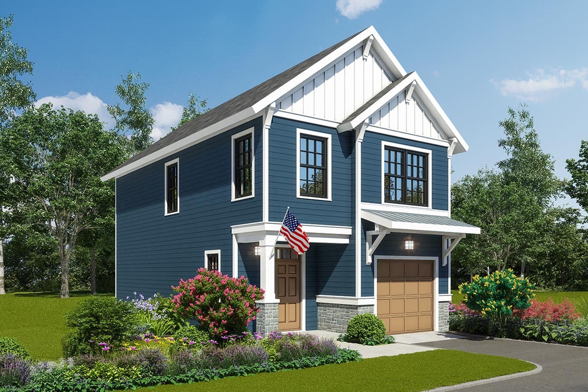 House plan exterior. Two-story Modern Farmhouse with gable roof, covered entry, and attached garage. Featuring blue siding and white trim.
