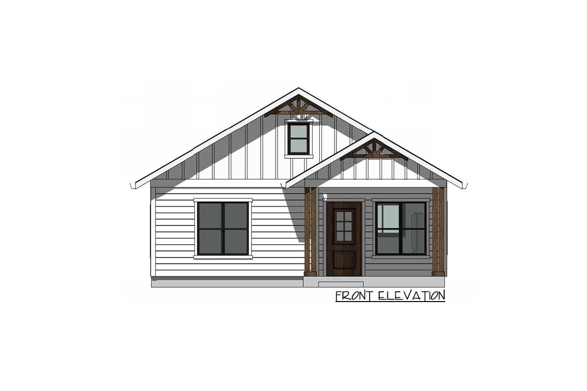 Front elevation house plan showing a one-story home with a gabled roof, board and batten siding, and a covered front porch with exposed rafter tails.
