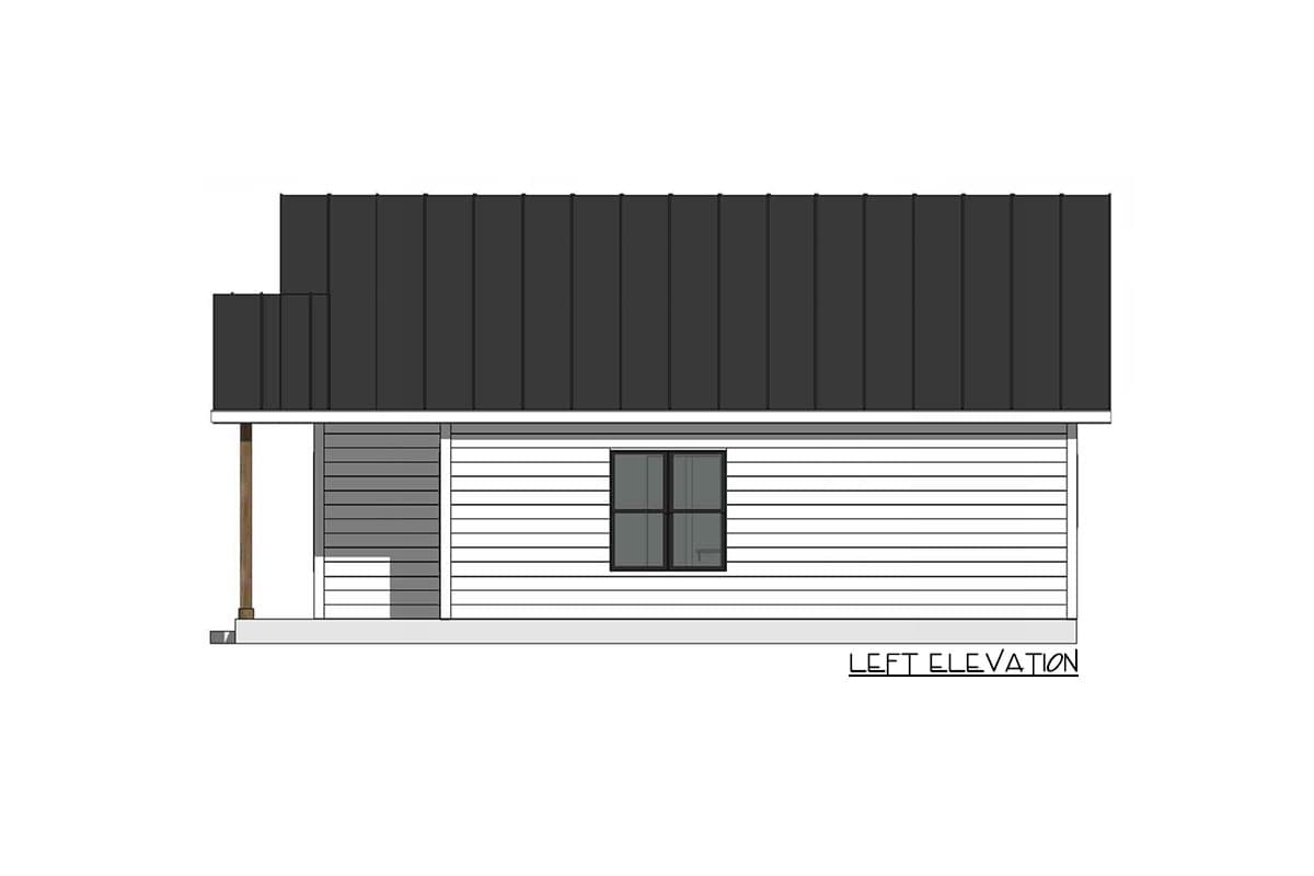 Left elevation house plan. Gable roof, horizontal siding, and a single window.