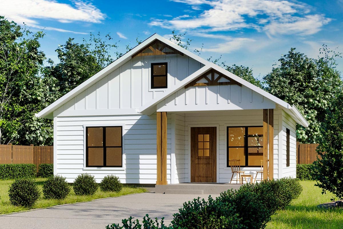 House plan exterior. One-story farmhouse with a front porch supported by columns, gabled roof, and decorative truss details above the porch.
