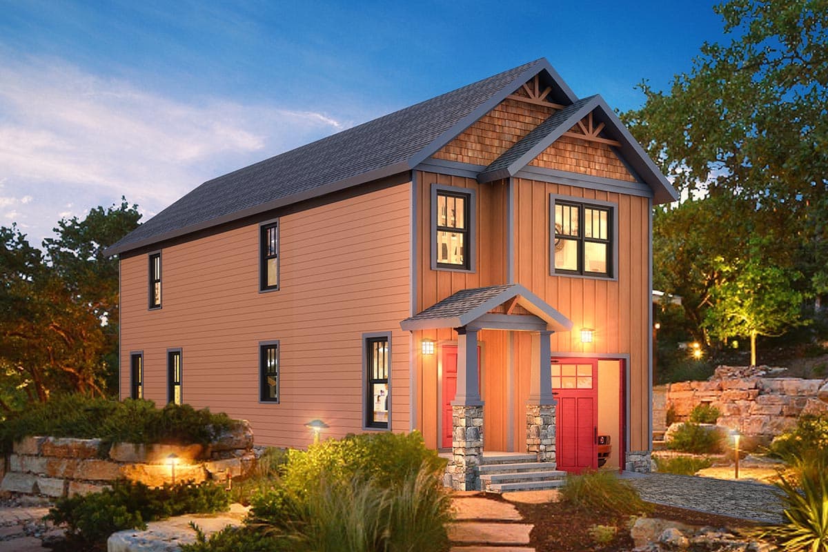 House plan exterior. Two-story Craftsman with gabled roof, stone porch supports, and a shed-style entry. Features vertical siding and wood shingles.