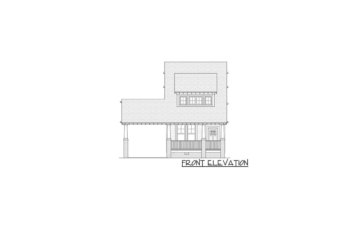 Front elevation drawing of a two-story house with a covered porch, gabled dormer, and brick base.