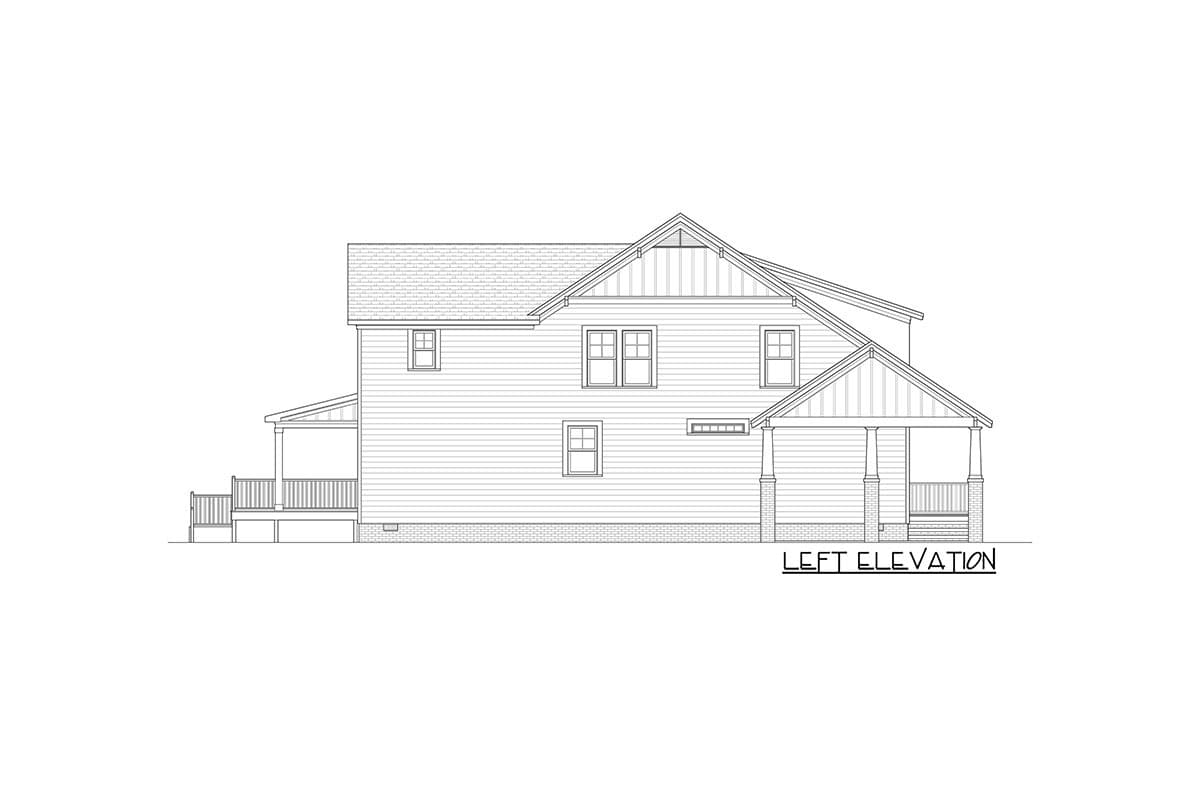 Left elevation drawing of a two-story house plan with gables, board-and-batten siding, and a covered front porch with columns.