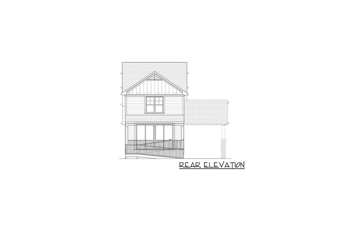 Rear elevation drawing of a two-story house plan with a gable roof, porch with ramp, and attached carport.