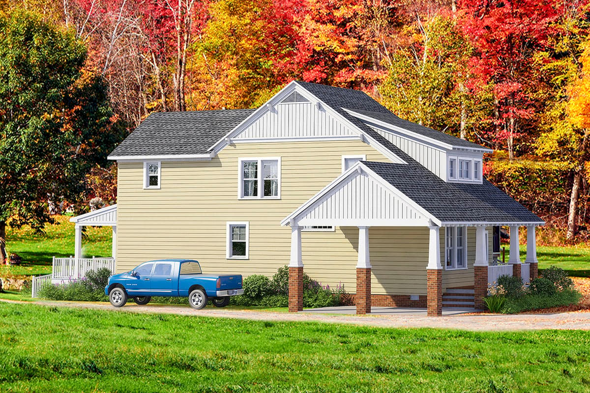 House plan exterior. Two-story home with Craftsman style. Features include a front porch, gables, dormers, and a prominent roofline.