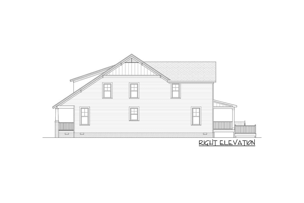 Right elevation drawing of a two-story house plan with gabled dormers, a front porch, and a rear deck.