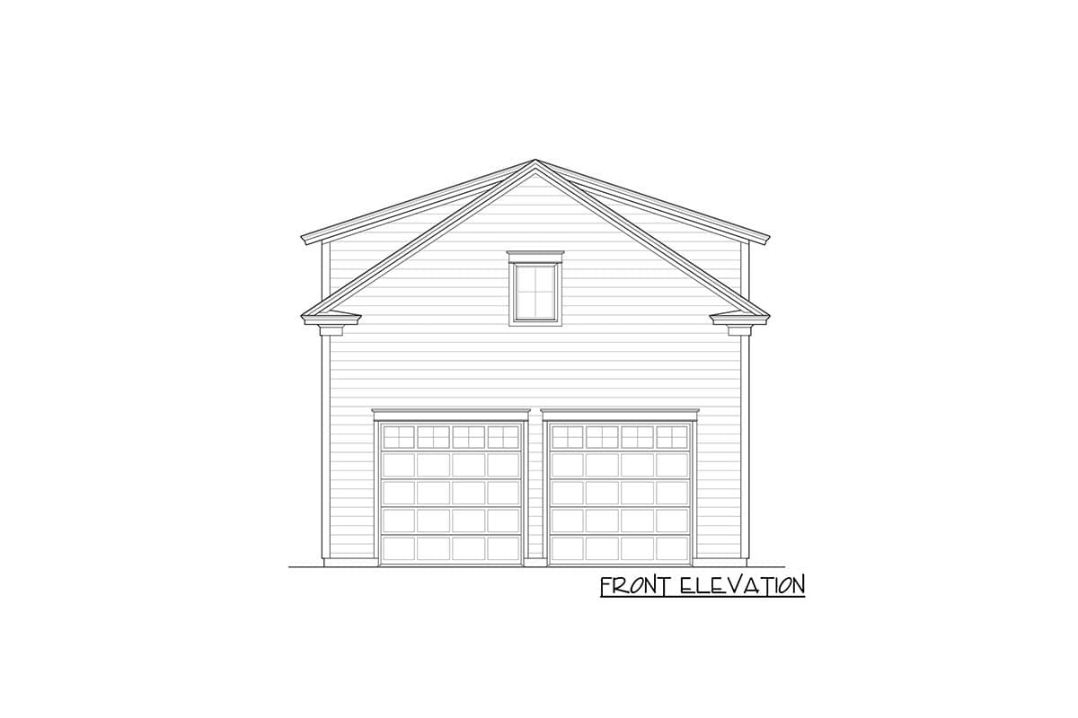 Front elevation drawing of house plan showing a two-car garage with two garage doors and a gable roof with a dormer window.