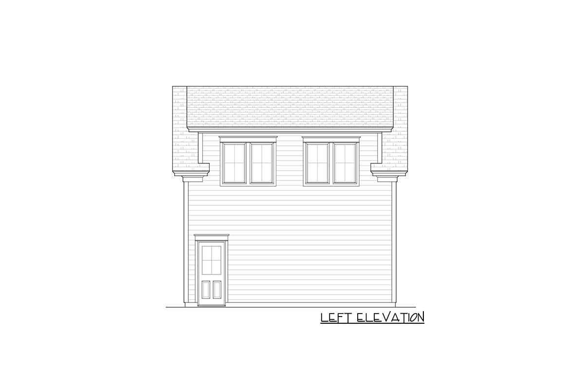 Left elevation drawing of a house plan, showing horizontal siding, two upper windows, and one lower door.