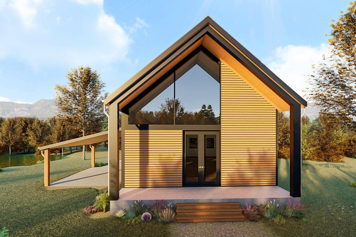 House plan exterior. Modern style with a single story, gable roof, and large front window. Includes a carport and a small front porch.