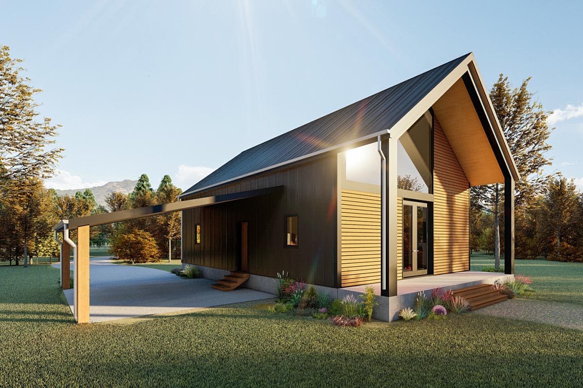 Modern house plan exterior with shed roof, wood siding accents, covered entry, and attached carport.