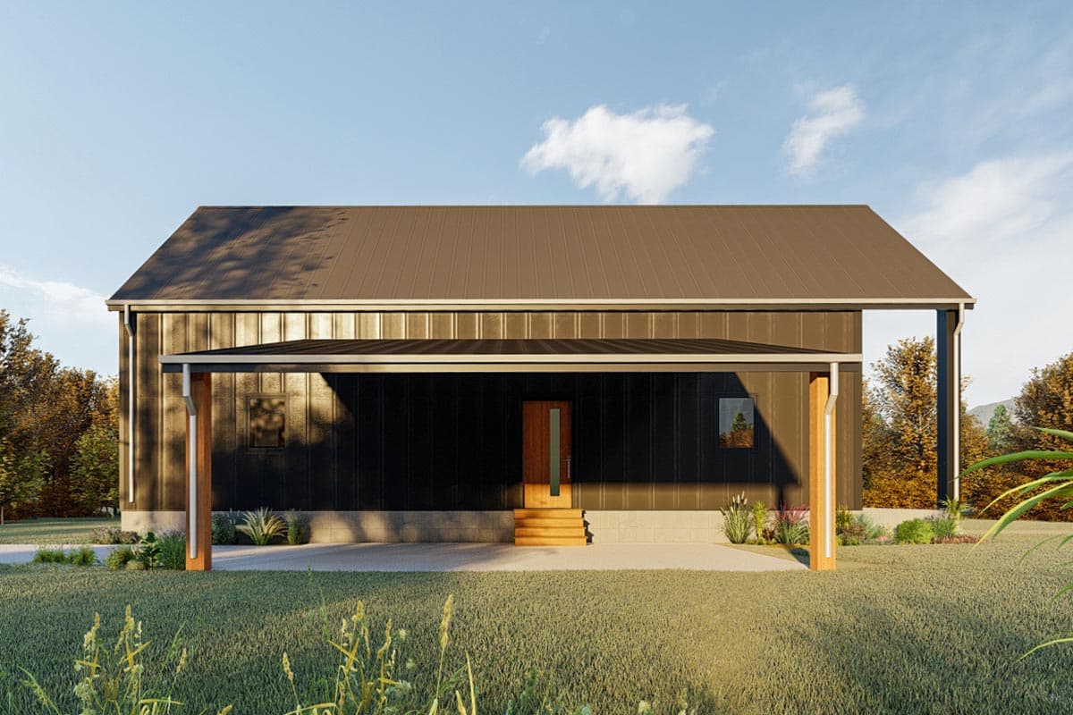 Modern house plan exterior with dark vertical siding, covered entrance with wood trim, and a metal gable roof.