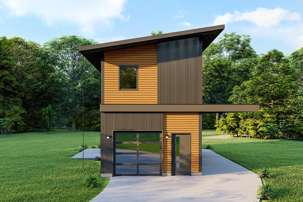 House plan exterior. Two-story modern house with a shed roof, board and batten siding, a glass garage door, and a cantilevered eave.