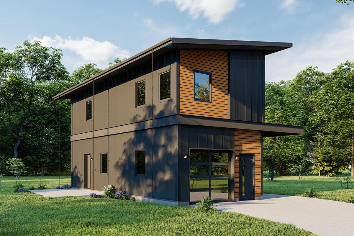 Two-story modern house plan exterior with flat roof, mixed siding, and glass garage door.