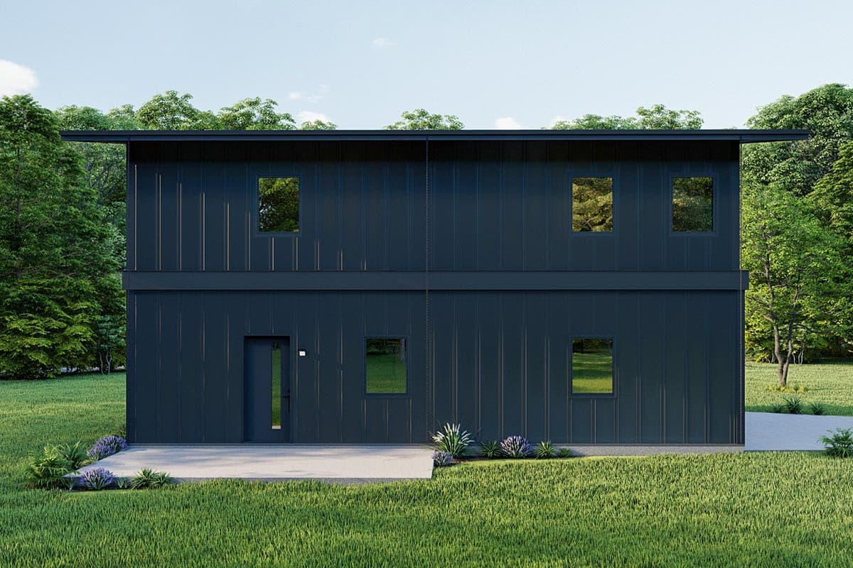 Modern two-story house plan exterior with dark vertical siding, flat roof, central door, and scattered windows.