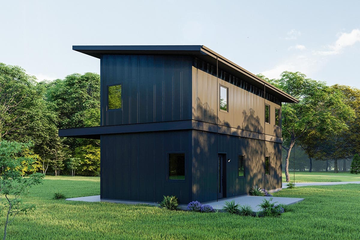 Modern two-story house plan exterior with dark vertical siding, flat roof, and numerous windows.
