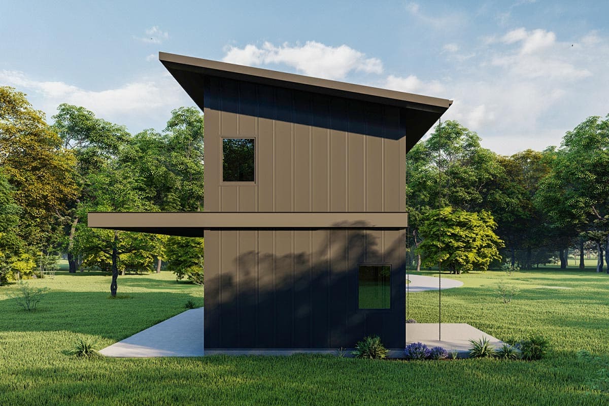 House plan exterior: modern style, two stories, metal siding, cantilevered upper floor, and asymmetrical roof.
