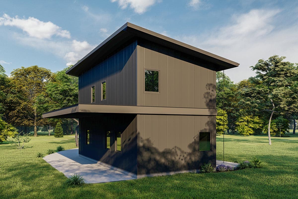 Modern two-story house plan exterior with vertical siding, flat roof, and cantilevered upper story.