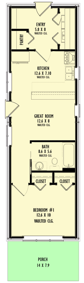 Plan 777010MTL: Single-Level Tiny Home Plan with Vaulted Ceiling Throughout - Floor Plan - Main Level - Contemporary, Cottage, Country, Mountain, Rustic, Vacation