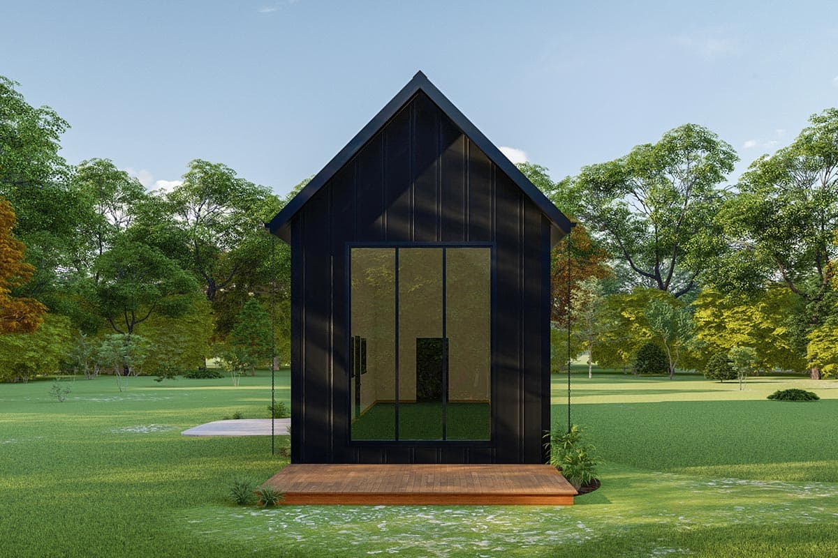 Modern minimalist house plan exterior with black vertical siding, gable roof, and large glass facade. Deck in front.