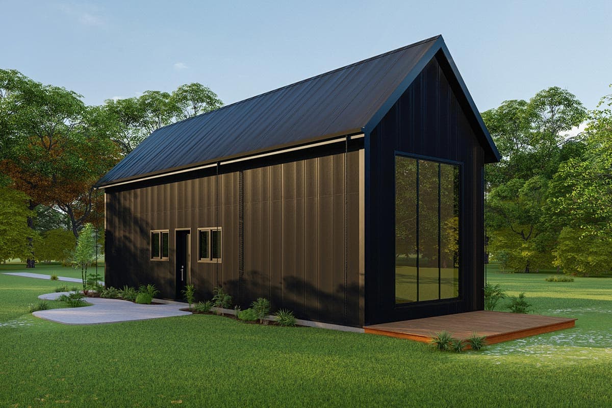 Modern house plan exterior with vertical siding, gable roof, large window wall, deck, and entry.