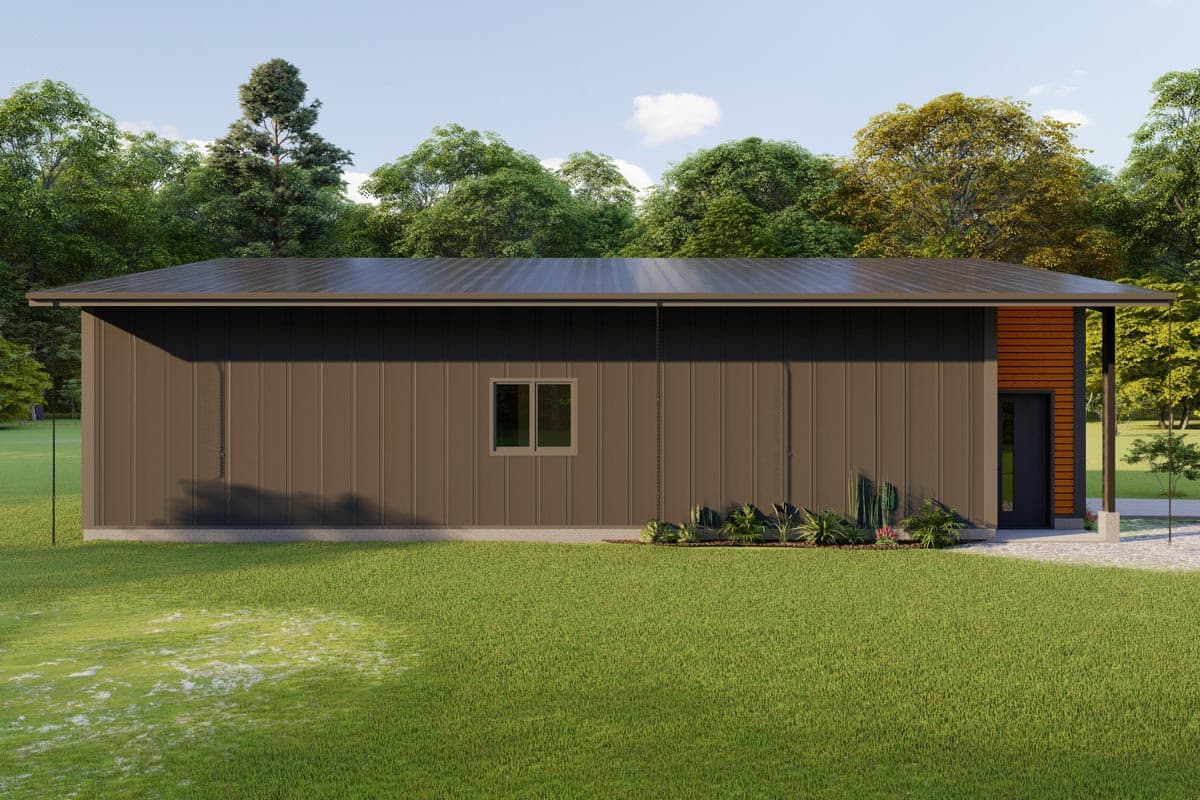 Modern house plan exterior with vertical dark siding, single story, flat roof, and wood-paneled entryway.