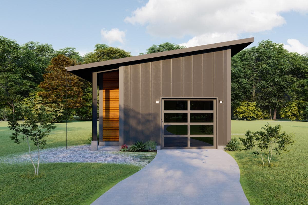 Modern house plan exterior with a single-story design, metal siding, large glass garage door, and a sloped roof.