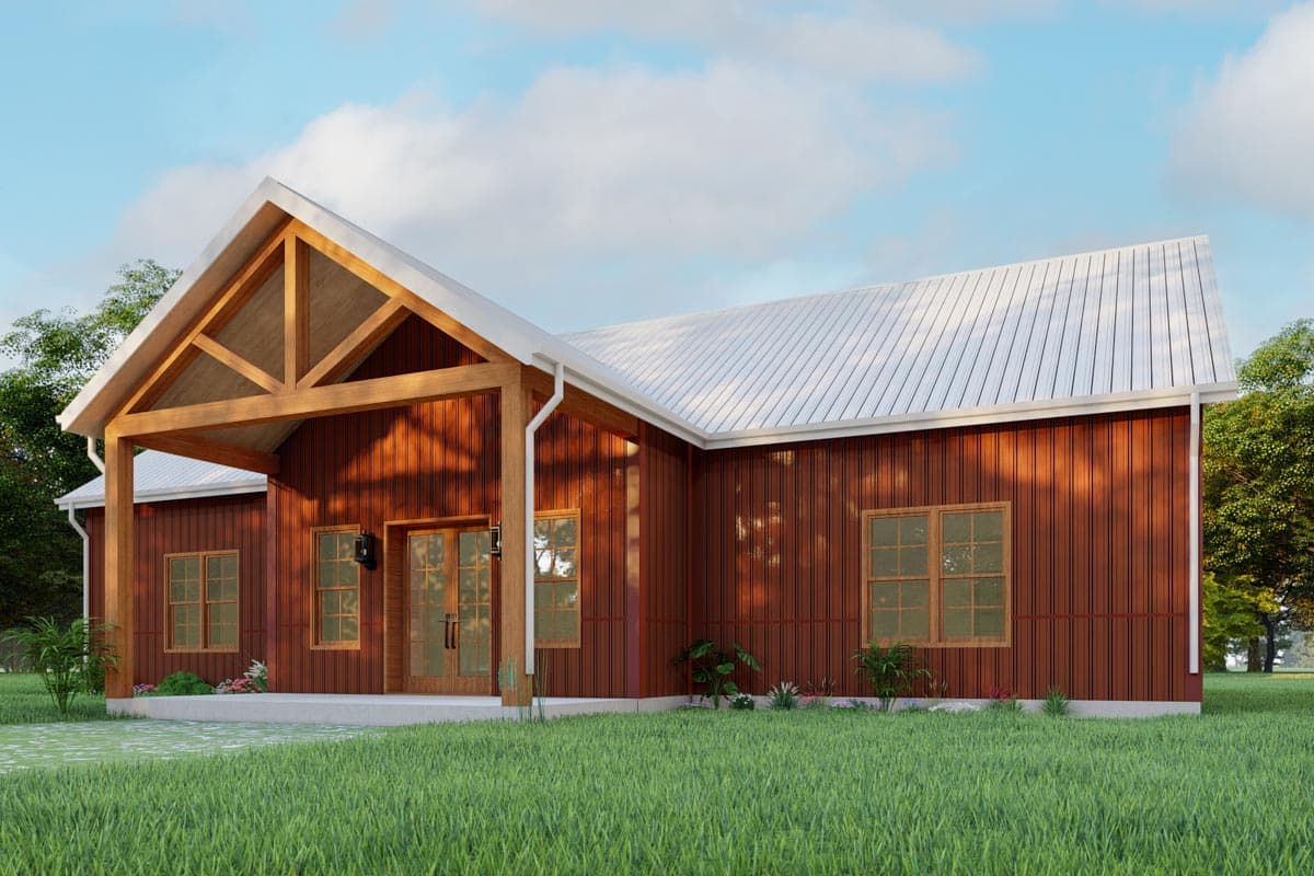 House plan exterior with a gable roof, exposed wooden beams, wood siding, and a covered front porch.
