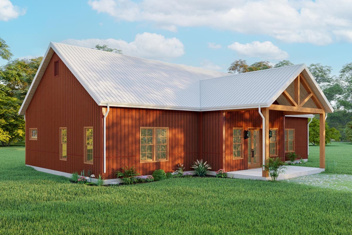 House plan exterior rendering of a one-story Modern Farmhouse with vertical siding, metal roof, and covered front porch with exposed beams.