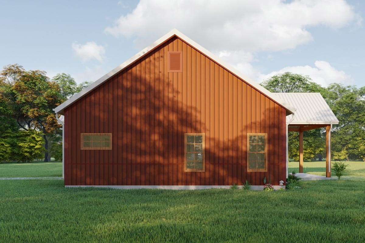 House plan exterior featuring vertical siding, a gable roof, dormers, and a covered porch with wooden posts.
