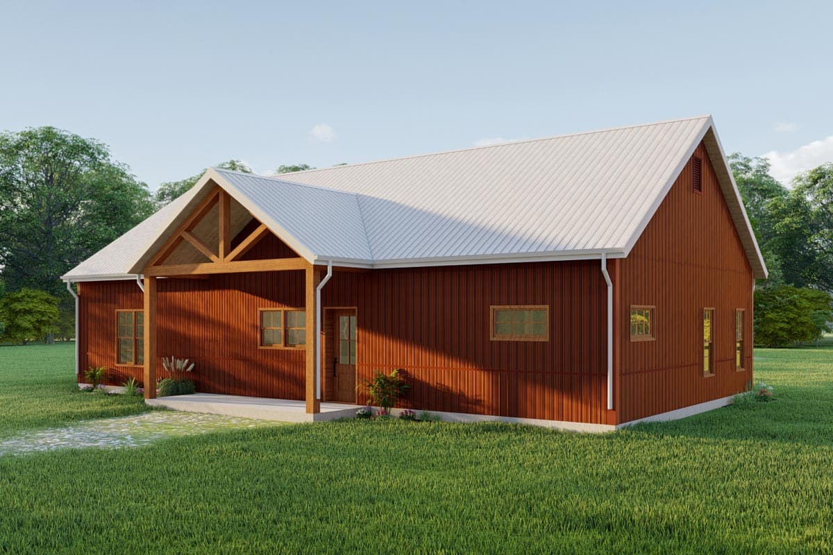 House plan exterior. One-story structure with a gable roof, covered porch with exposed beams, and board-and-batten siding.