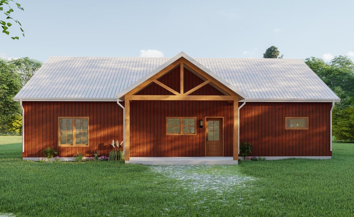 House plan exterior: single-story home with a covered porch, wood gable truss detail, and red vertical siding.